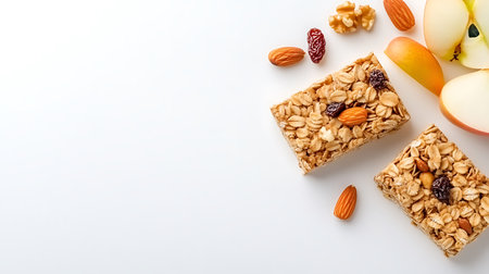 Granola bars with nuts, raisins and apples on white backgroundの写真素材