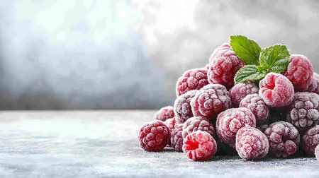 Frozen raspberries on a gray background. Place for text.の写真素材