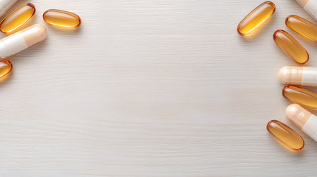 Capsules of omega 3 fish oil on a wooden background.