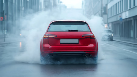 Red car with smoke on the road in the city. 3d renderingの写真素材