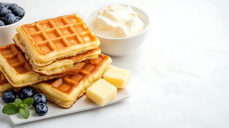 Belgian waffles with blueberries and butter on a white backgroundの写真素材