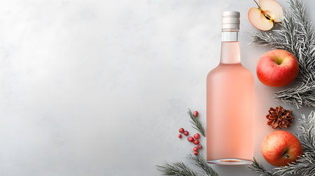 Bottle of rose wine, apple and pine branches on light backgroundの写真素材