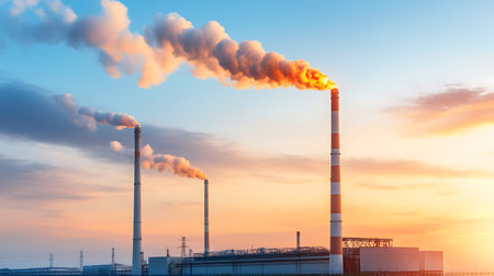 Industrial power plant with smoking chimneys at sunset. Energy conceptの写真素材
