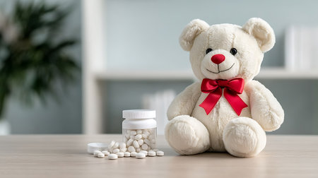 Teddy bear with pills on table, closeup. Health care conceptの写真素材
