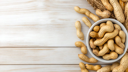 Peanuts in bowl on white wooden table. Top view with copy space