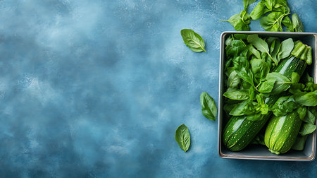 Fresh green zucchini and basil leaves on blue background. Top view with copy spaceの写真素材