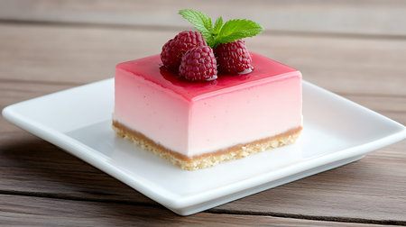 Raspberry cheesecake on a plate on a wooden table, food closeup