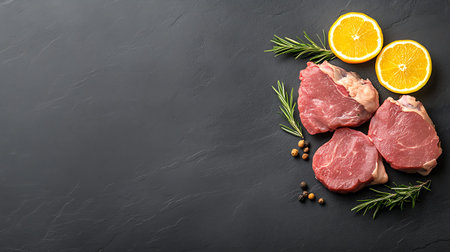 Raw meat with spices and lemon on black background, top view