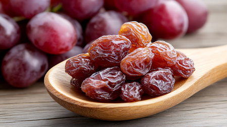 Raisins in wooden spoon and fresh grapes on wooden table.の写真素材