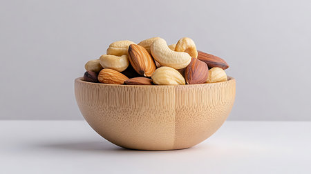 Mix nuts in wooden bowl on white background. Healthy food concept.