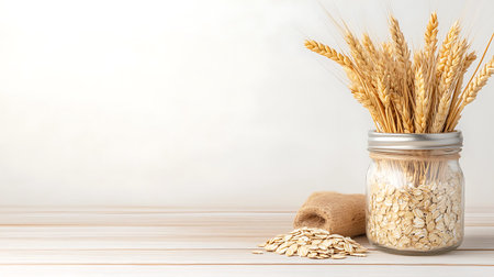 Spikelets of wheat in a glass jar on a light background