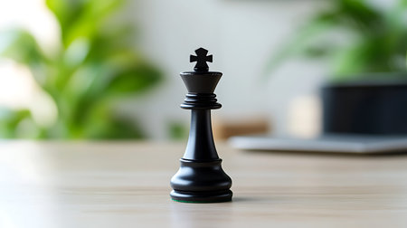 Black king chess piece on wooden table in office room, closeup