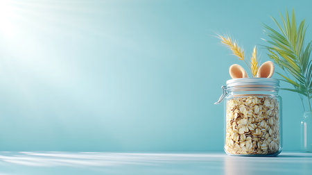 Oatmeal in a jar with ears of wheat on a blue backgroundの写真素材