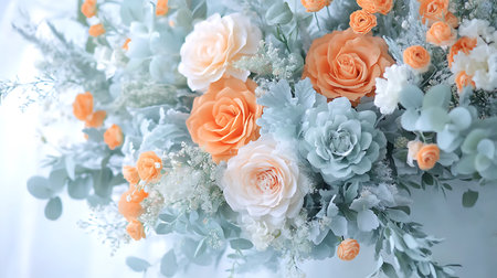 Bouquet of white and orange roses with green leaves on white backgroundの写真素材