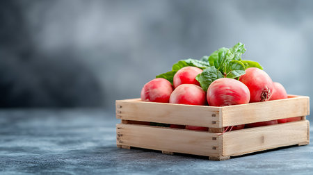 Fresh red radishes in a wooden box on a gray background.