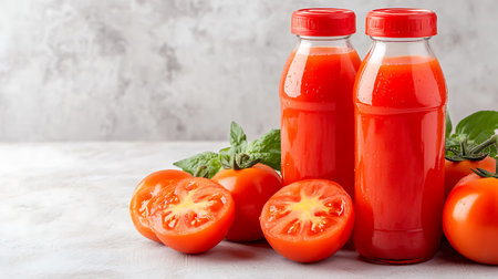 Bottles of tomato juice with fresh tomatoes and basil on light backgroundの写真素材
