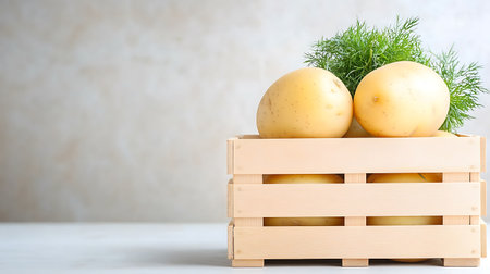 Fresh potatoes with dill in a wooden box on a light backgroundの写真素材