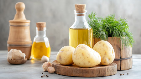 Fresh potatoes with oil, garlic and dill on a light backgroundの写真素材