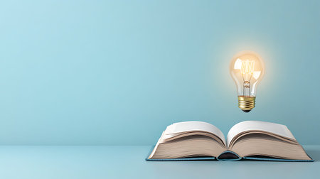 Open book and light bulb on blue background. Education concept. 3D Rendering