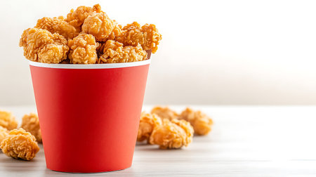Fried chicken nuggets in red paper cup on white wooden tableの写真素材