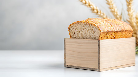 Sliced bread in a wooden box on a light background.