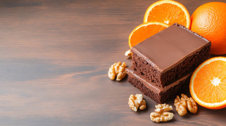Chocolate cake with orange and walnuts on a wooden background.の写真素材