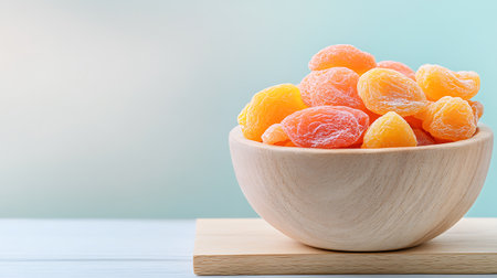 Dried apricots in wooden bowl on blue wooden table backgroundの写真素材