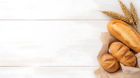 Bread and wheat on white wooden background. Top view with copy spaceの写真素材