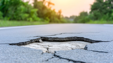 Cracked asphalt road with hole in the middle. Landscape backgroundの写真素材