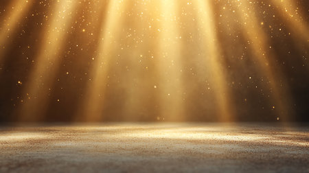 Gold stage background with spotlights and rays of light. 3D renderingの写真素材