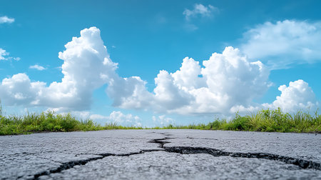 Cracked asphalt road with green grass and blue sky with white cloudsの写真素材