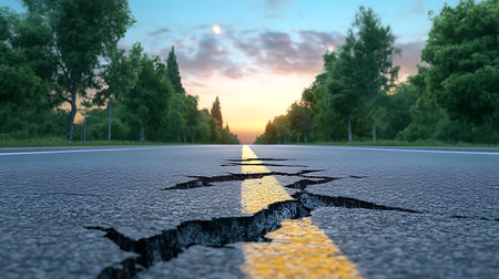 Asphalt road with cracks on the sunset background. 3d renderingの写真素材