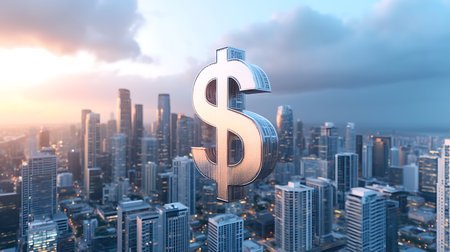 Dollar sign on the background of the city. 3D renderingの写真素材