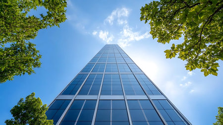 Low angle view of modern skyscraper with green leafs in city