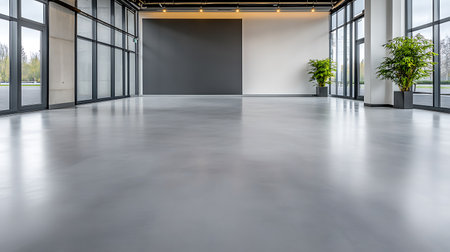 Interior of a modern office with black and white walls and concrete floorの写真素材