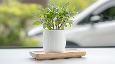 Plant in a white pot on the windowsill with car backgroundの写真素材
