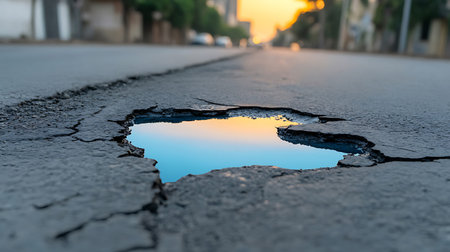 broken asphalt road with a hole in the middle and blue sky backgroundの写真素材