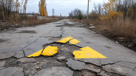 Broken asphalt road with yellow arrows. Broken asphalt road with cracks.の写真素材