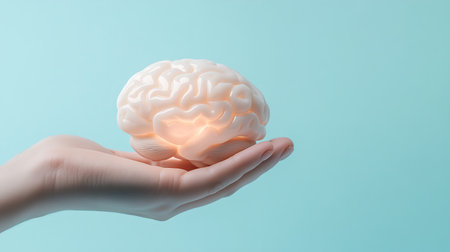 Human brain model in hand isolated on blue background. 3d renderingの写真素材