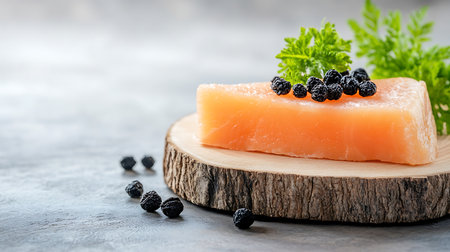 Pieces of raw salmon with black caviar on a wooden boardの写真素材