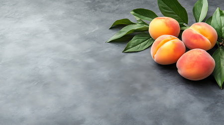 Fresh apricots with green leaves on stone background. Copy spaceの写真素材