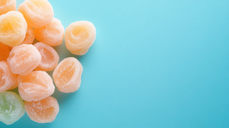 Close up of colorful candied fruit on blue background with copy space