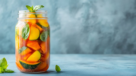 Homemade lemonade with pumpkin and basil in a jar on a blue background