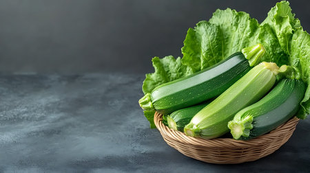 Fresh zucchini in a wicker basket on a dark backgroundの写真素材
