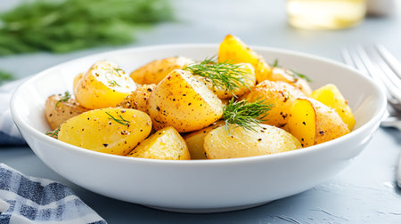 Baked potatoes with dill in a white bowl on a gray background.の写真素材