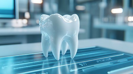 3d render of white tooth on digital tablet. Dentistry conceptの写真素材