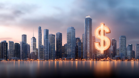 Dollar sign on the background of skyscrapers. Business concept.の写真素材
