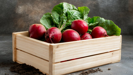 Freshly harvested red vegetables in a wooden box on a dark background
