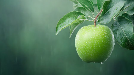 Green apple on a branch with leaves in the rain on a green backgroundの写真素材