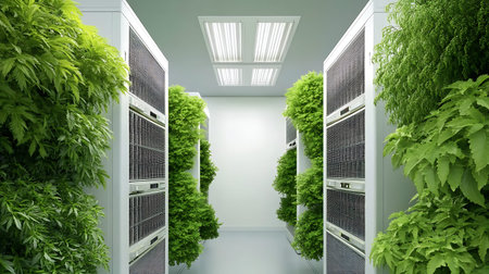3d render of server room or data center with servers and green plants
